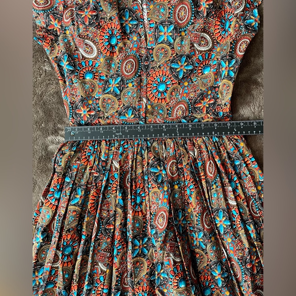 SOLD | Bernie Dexter Kelly Dress Heritage Print Pinup 50s Jewel Tone SMALL - Picture 9 of 13